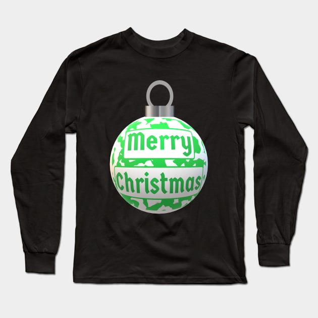 Christmas Tree Ornament with Merry Christmas Greeting and Wintergreen and White Abstract Peppermint Candy Cane Design Long Sleeve T-Shirt by Art By LM Designs 